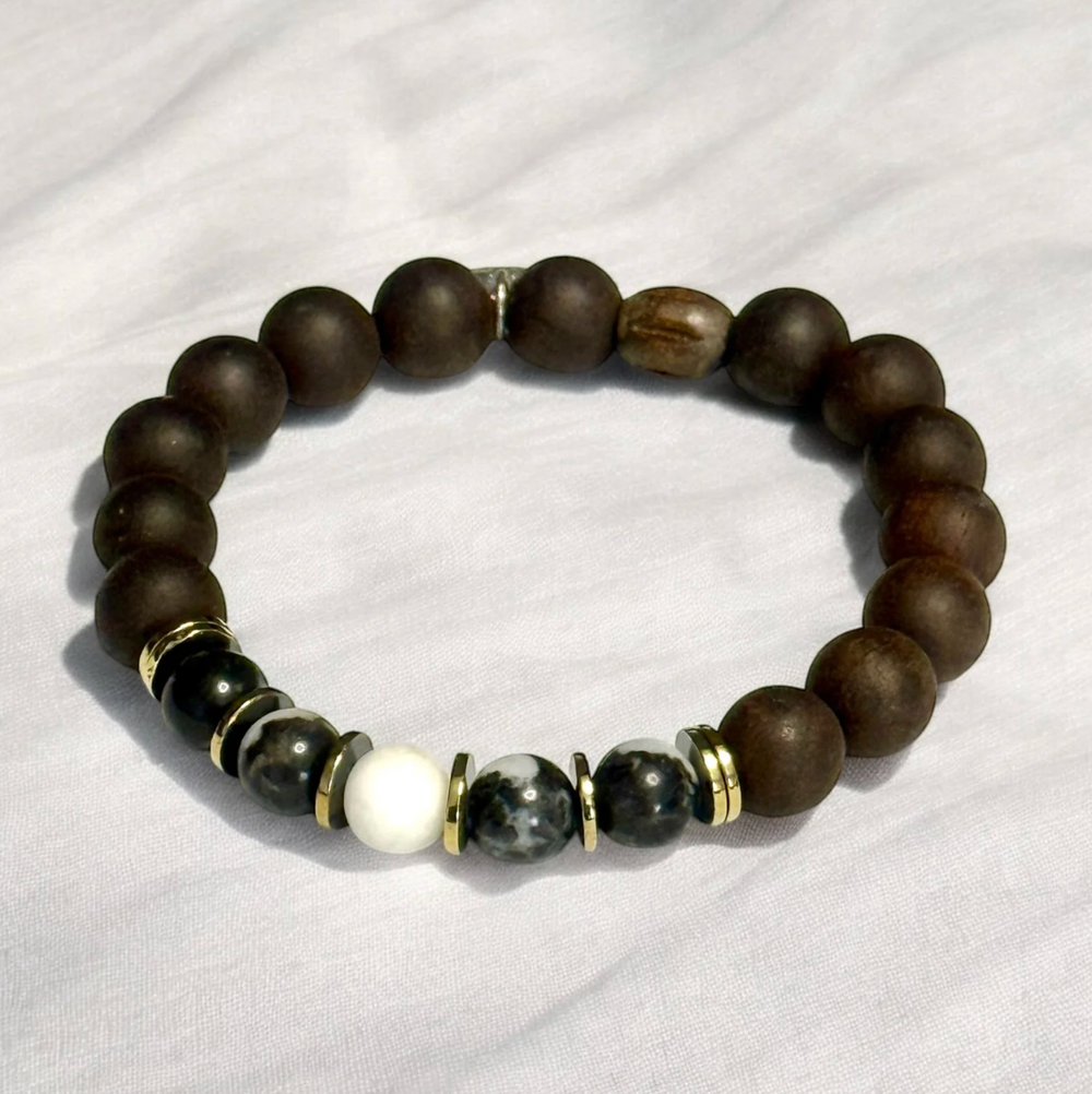 Zebra Jasper, Ebony Mala & Hematite Stretch - Size 8"